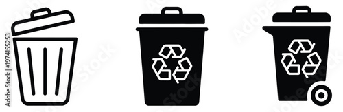 Recycling and trash bin icons, waste management symbols, eco friendly concept, garbage sorting signs, sustainability and environmental protection icons, clean vector design for recycling awareness