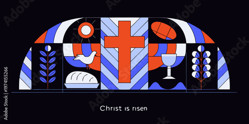 Stylized stained glass window depicting religious symbols of christianity