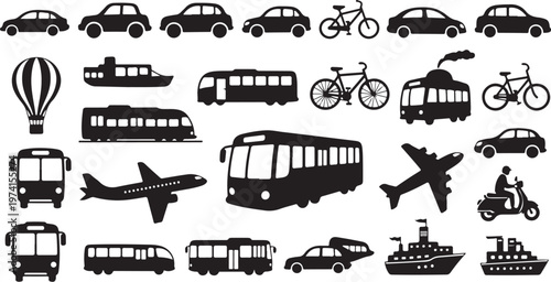Various Transportation Modes and Vehicles Icon Set