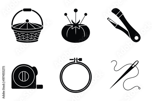Sewing and crafting hobby tools accessories vector illustration icon set