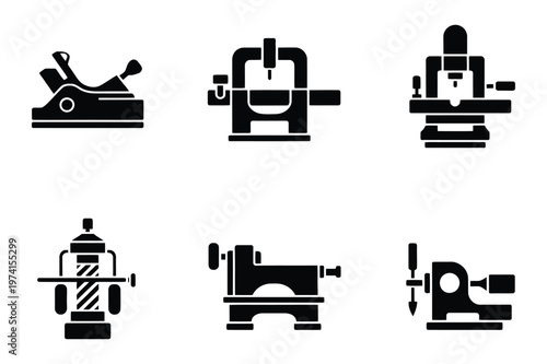 Industrial workshop machinery tools set planer lathe milling icons with workshop