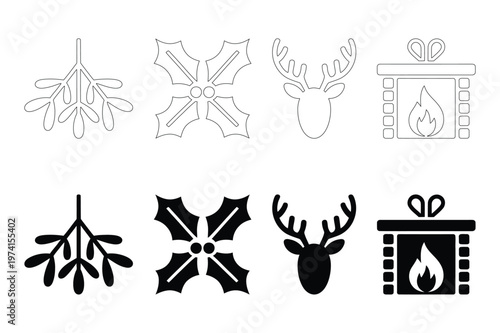 Collection of christmas holiday vector icons including mistletoe holly deer