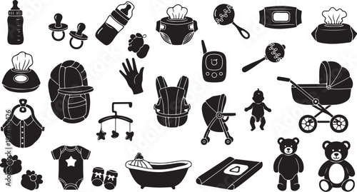 Baby Care Items and Accessories Icon Set