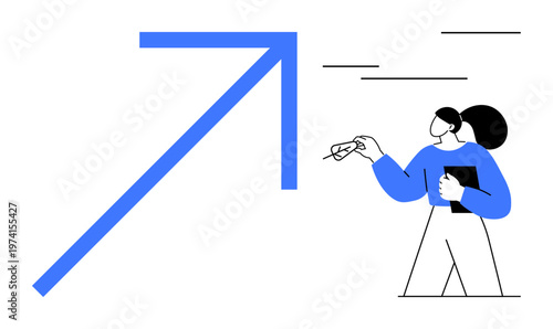 Economic progress, corporate strategy, professional success, personal growth, planning, data visualization. Person drawing a large arrow pointing up. Economic progress and corporate strategy concept