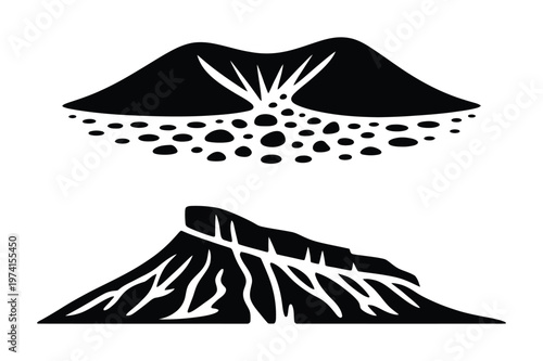 Volcanic mountain silhouette with lava flow and flat-topped mesa rock formation