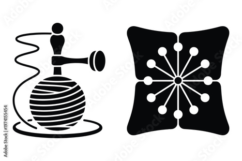 Yarn winder with ball of yarn and abstract snowflake decorative element vector