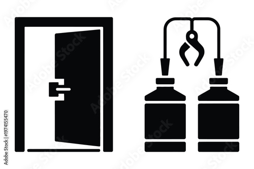 Open door icon with handle and industrial robotic arm with tanks vector
