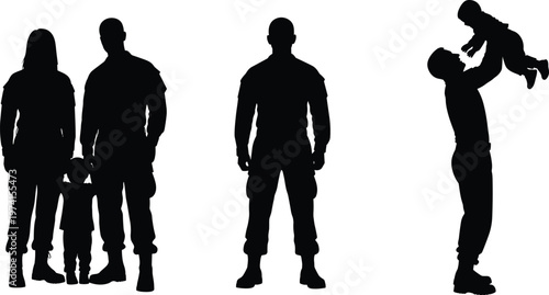 family silhouette, father mother child, military family, soldier silhouette, parenting love, togetherness concept, black silhouette, isolated background, vector illustration