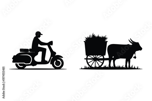 Person riding scooter and ox pulling cart with hay on grass vector illustration
