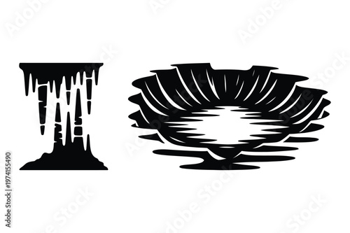 Natural cave formations and scenic lake or crater landscape with ripples