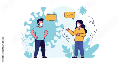 Two people wearing protective face masks talk while maintaining social distance against a large virus background.