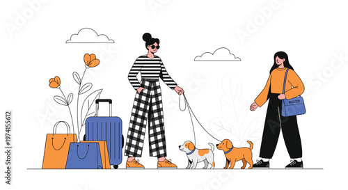 Two fashionable women meeting while walking their dogs outdoors next to travel luggage and blue shopping bags.