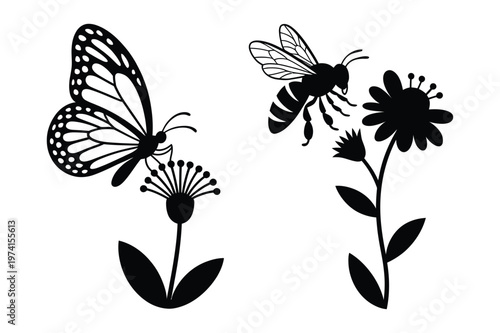 Black silhouette set of butterfly bee and garden flowers for nature design