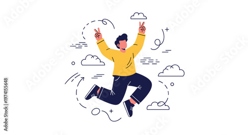 Joyful young man jumping in the air while showing peace signs, surrounded by clouds and abstract design elements.