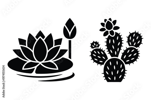 Lotus water lily and prickly pear cactus with flower silhouette vector icons