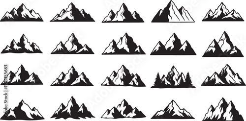 Black and white mountain range icons set landscape