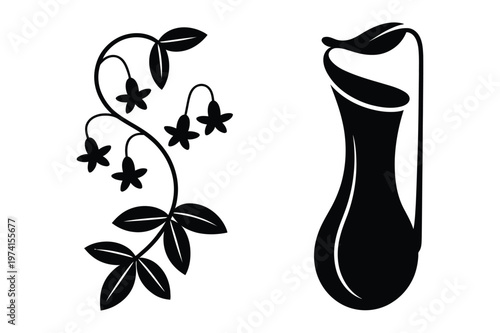 Black silhouette icons of a floral vine branch and a modern ceramic pitcher