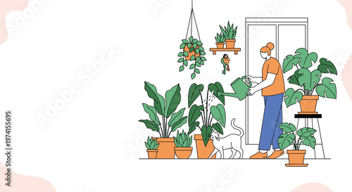 Dedicated woman watering her extensive collection of indoor houseplants in a bright and cozy apartment garden.