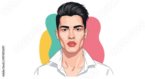 Stylized portrait of a handsome young man with dark hair and a white shirt against a colorful abstract backdrop.