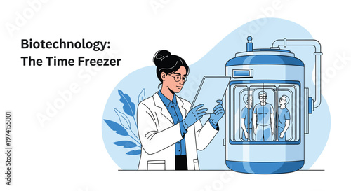 Female scientist in a lab coat examines a biotechnology time freezer chamber containing human figures for research.