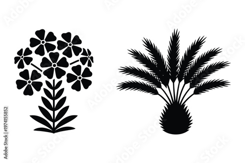 Black and white botanical icons of a flower bouquet and a palm plant