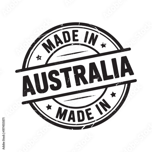 A black and white circular stamp proclaiming made in australia with stars