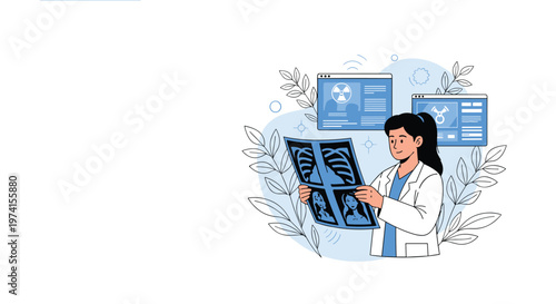 Professional female doctor examining a chest x-ray scan while surrounded by various digital medical data and icons.