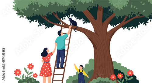 Caring family working together with a tall ladder to rescue a black cat stuck high up in a large leafy green tree.
