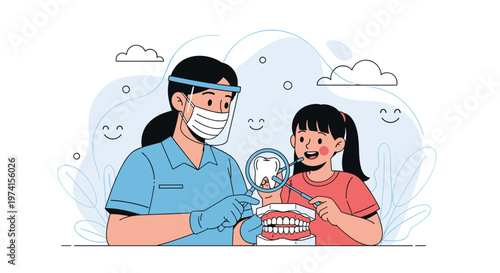 Friendly female dentist showing a teeth model to a young girl to teach her about dental hygiene and oral health.