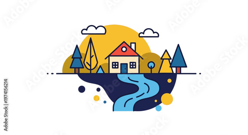 Stylized landscape with house and trees perfect for design on transparent background silhouette