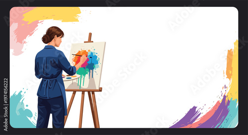 Creative female artist focused on painting a vibrant abstract masterpiece on a canvas supported by a wooden easel.