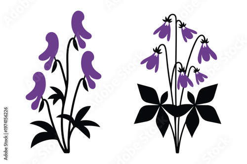 Purple bell flowers and leaf silhouette botanical vector illustration