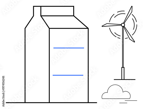 Renewable energy, sustainability, green technology, eco-friendly living, environmental conservation, clean energy. Wind turbine beside building design with clouds. Renewable energy and sustainability