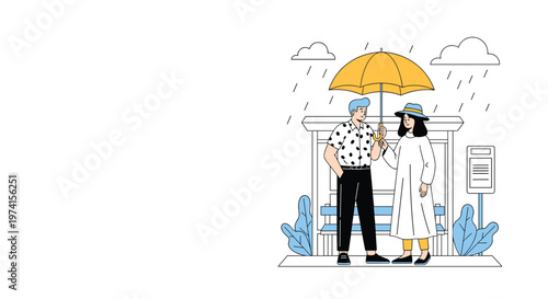 Young couple shares a yellow umbrella while waiting at a bus stop during a gentle rain shower in a clean city setting.