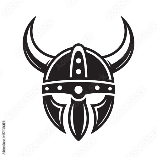 A striking black and white illustration of a viking helmet with prominent horns