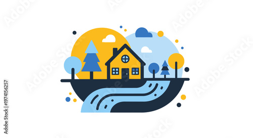 Colorful landscape with house and trees on transparent background silhouette