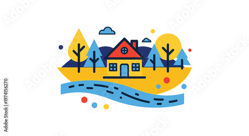 Colorful landscape with house and trees on transparent background silhouette