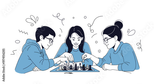 Group of three friends enjoys a friendly game of chess while sitting at a table in a bright and playful environment.