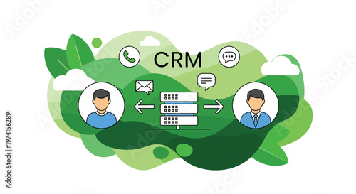 Customer relationship management system illustration showing data flow between users and a central server with icons.