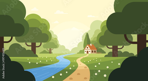 Peaceful countryside landscape with a charming house on transparent background silhouette