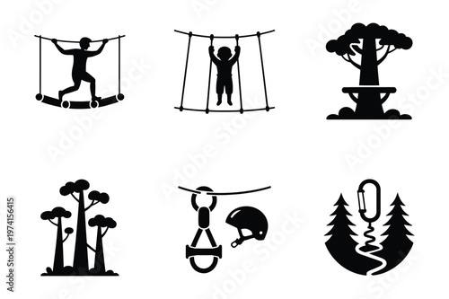 Adventure high ropes course and climbing equipment silhouette vector icons