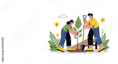 Active young couple works together in the garden to plant a small tree sapling into the soil on a beautiful sunny day.