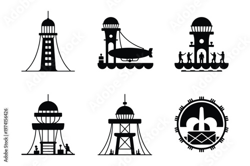 Steampunk lighthouse icons and airship silhouette vector collection