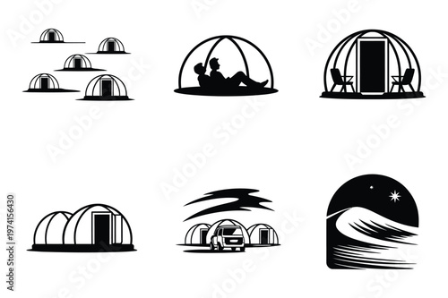Glamping dome tent silhouette icons for outdoor camping and eco tourism
