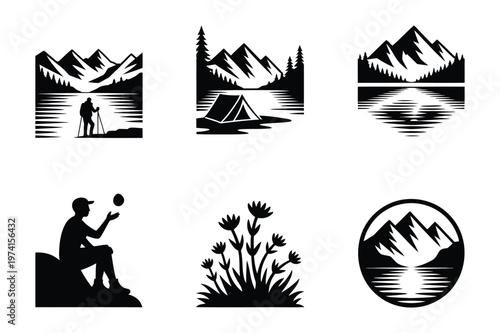 Mountain landscape silhouette collection with hiking camping and lake scenes