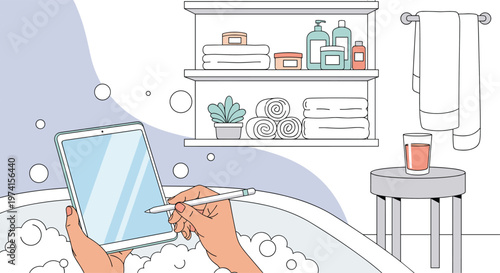 Person enjoys a relaxing bubble bath while using a digital tablet and stylus for creative work in a serene bathroom.