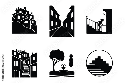 Mediterranean old town silhouette icons with narrow streets and architecture