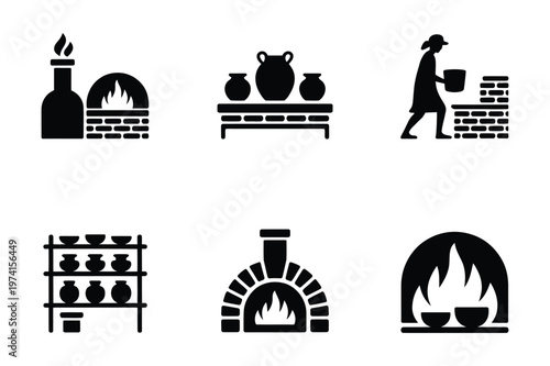 Traditional pottery workshop silhouette icons with ceramic vases and kilns