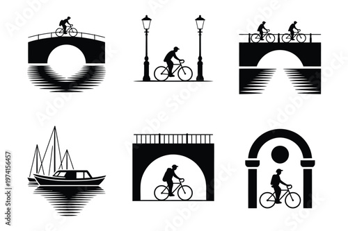 Urban cycling and boating silhouette icons with bridge and harbor scenes