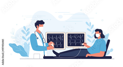 Medical professional monitors a female patient lying in a hospital bed while viewing heart rate data on digital screens.
